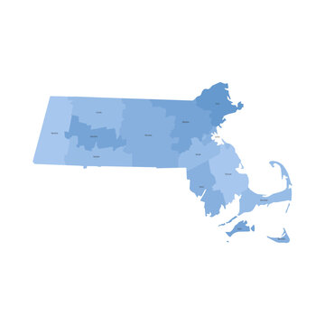 Massachusetts, MA - detailed political map of US state. Administrative map divided into counties. Blue map with county name labels. Vector illustration