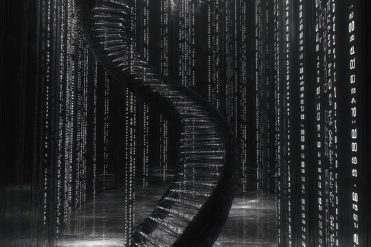 Exploring the intersection of DNA processing and binary data representation in a futuristic setting, Processing scientific data, DNA strand and binary coding - Powered by Adobe