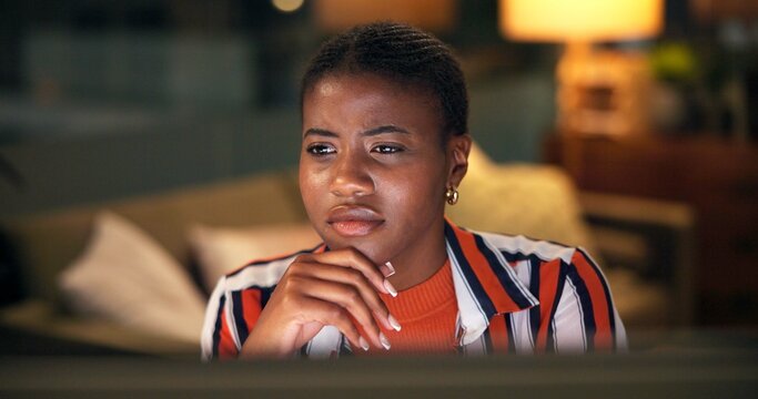Confused, computer and reading with business black woman for magazine article, problem solving and overtime. Media report, doubt and editor with person at night for research deadline and unsure