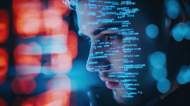Hacker at desktop using computer with abstract glowing blue coding background. Binary code, theft, technology, data and internet concept. Double exposure