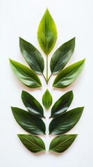 A minimalist display of green leaves arranged symmetrically on a white background, highlighting natural beauty and organic patterns.