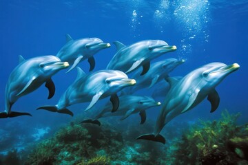 Fototapeta premium Pod of wild bottlenose dolphins swimming gracefully in deep blue waters, Pod of wild bottlenose dolphins underwater in deep blue water