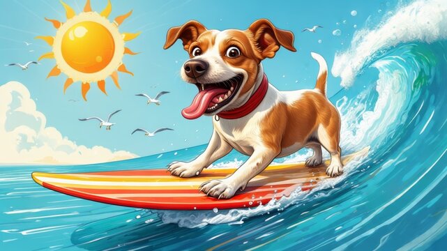 Dog surfing a big wave on summer vacation - Powered by Adobe