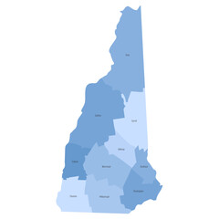 New Hampshire, NH - detailed political map of US state. Administrative map divided into counties. Blue map with county name labels. Vector illustration