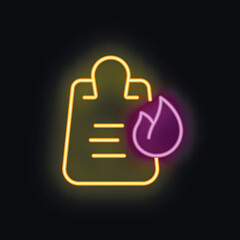 Neon clipboard with fire icon glowing on a black background, concept of urgent tasks or important deadlines