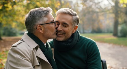 Fototapeta premium Mature caucasian male couple sharing affectionate moment in autumn park setting