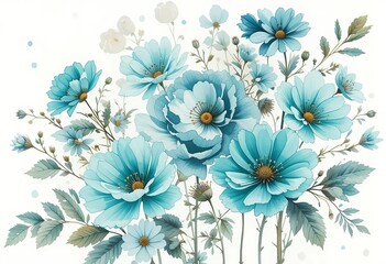A watercolor illustration of turquoise flowers on a white background