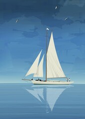 Sailing yacht on the open sea, vector illustration