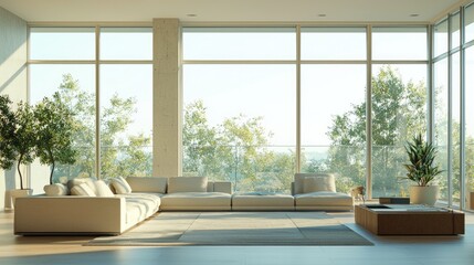 Fototapeta premium Modern Minimalist Living Room with Panoramic View