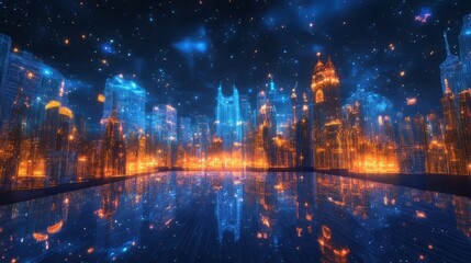 Obraz premium A glowing transparent city under a starry sky, with visible interior details of every structure 