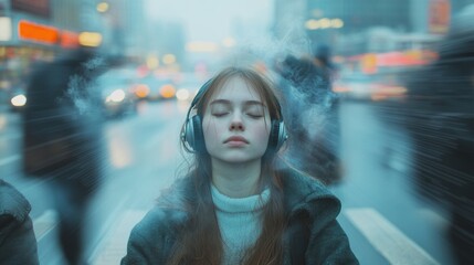 Urban meditation young woman in headphones city streets lifestyle calm atmosphere