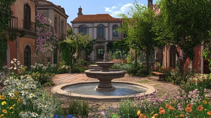 Tranquil Courtyard Oasis: A serene oasis in a bustling city, a charming courtyard bursts with life, featuring a graceful fountain surrounded by vibrant blooms, lush greenery.