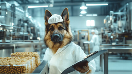 photo of dog, German Shepherd acting as an inspector at a dog food factory. The dog wears special disposable white coat and a cap made of spunbond, standing confidently with a clipboard in its paw.