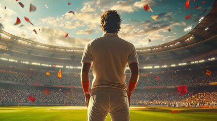 A dynamic cricket player in a crisp white uniform swings powerfully, striking the ball amidst vibrant colorful smoke against a dramatic dark purple background. Captured in energetic side view action