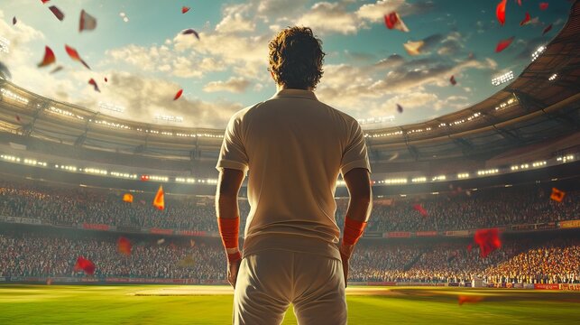 A dynamic cricket player in a crisp white uniform swings powerfully, striking the ball amidst vibrant colorful smoke against a dramatic dark purple background. Captured in energetic side view action