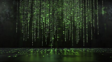 Futuristic green data streams in dark space.