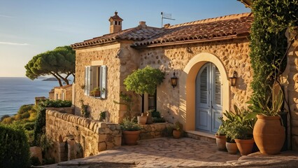 Naklejka premium Mediterranean house in an idyllic coastal village bathed in golden hour light, AI generated