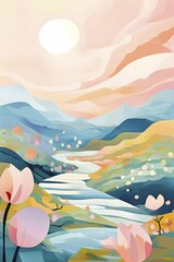 Easter-themed abstract landscape with fluid, flowing lines representing hills, flowers, and hidden eggs in soft, pastel shades, AI generated
