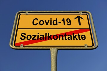 Digital composing, symbol picture, place name sign, social contacts, Coronavirus, Sars-CoV-2, Covid-19, Germany, Europe