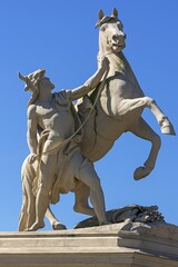 Obotrite tames his horse, sculpture by Christian Genschow about 1873, on the castle bridge,...
