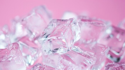 Clear ice cubes arranged neatly on a bright pink surface evoke a sense of coolness and freshness, perfect for summer vibes and drinks