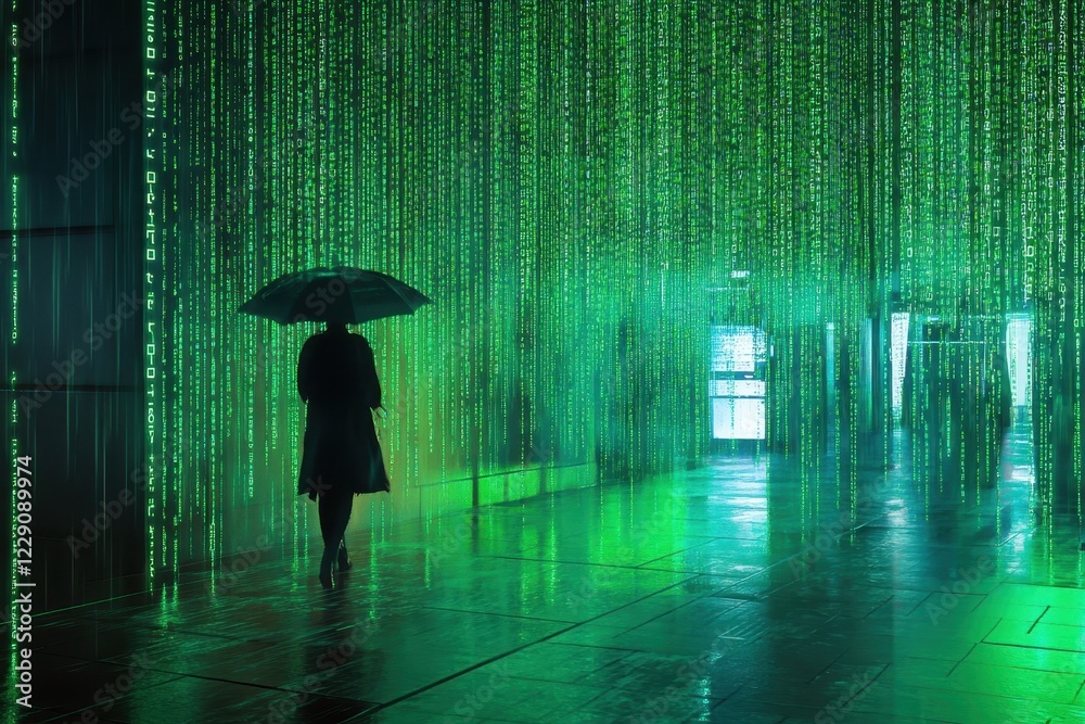 Poster digital code rain fills a dimly lit space with vibrant green light and shadow play, matrix digital c