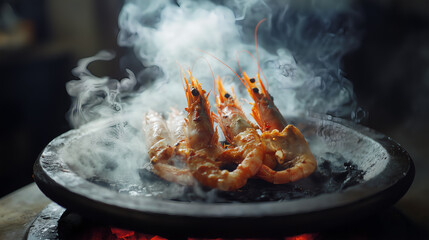 Large fresh shrimp, drizzled with spices, grilled on a grill and emitting billowing smoke. Seen from above. AI generated images. 