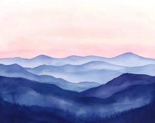 Obraz premium A serene watercolor painting of the Great Smoky Mountains, featuring layers of blue and purple hues against an pink sky at sunset.