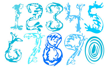 angka (0-9) dengan tema tetesan air.Setiap karakter memiliki desain berbentuk seperti tetesan air yang memberikan kesan segar dan alami.cocok untuk branding ramah lingkungan, tema kelautan, kemasan pr