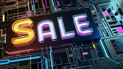 Vibrant neon sale sign against futuristic circuit board animation - Powered by Adobe