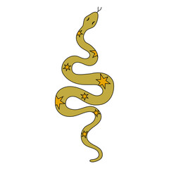 Snake decorated with stars in doodle style. Snake hand drawn mystical. Vector illustration on a white background. Symbol of 2025 according to the Chinese calendar.