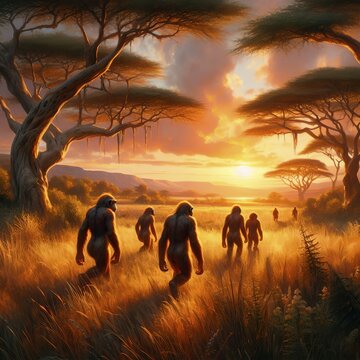 Australopithecus, prehistory, prehistory, a group of australopithecines in the prehistoric African steppe, AI generated, AI generated