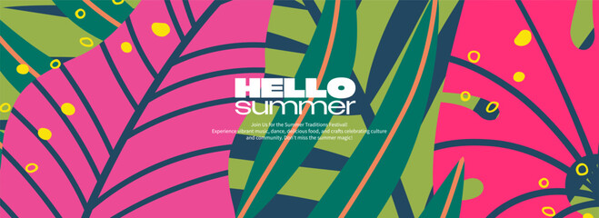 Abstract tropical summer background with exotic leaves. Bright template banner with nature pattern. Vector illustration.