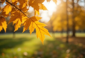 Fototapeta premium A close-up of a yellow autumn leaf with blurred orange and green trees in the background