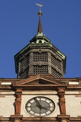 Clock tower with insulators of former telegraph poles, General Post Office, built from 1892 to 1897 in the Neo-Renaissance style, Schwerin, Mecklenburg-Western Pomerania, Germany, Europe