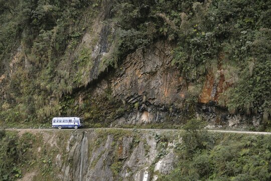 Bus on Death Road, Camino de la Muerte, Yungas North Road between La Paz and Coroico, Bolivia, South America