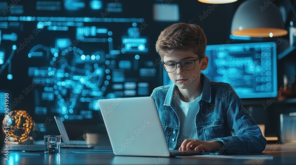 Poster smart teen kid boy junior middle school student using laptop learning coding data computer science d