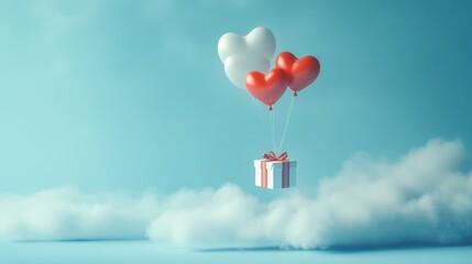 Fototapeta premium A Box flying on a parachute with pink cloud in valentine day,package flying down from sky and cloud with parachute, concept for delivery service,shopping online,air delivery service.