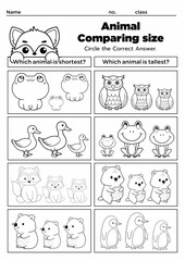 This Animal Comparing Size Worksheet helps kindergarten kids learn size comparison by identifying big and small animals. Fun, engaging, and educational for preschool or home learning activities.