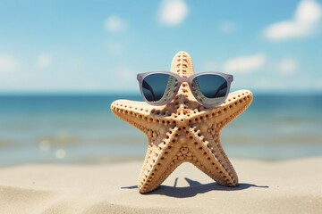 Funny starfish with summer sunglasses at beach with ocean in background. KI generiert, generiert AI generated
