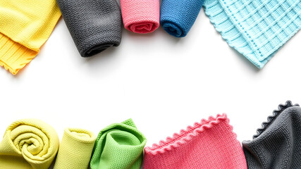 Rolled different microfiber cloths on white background, top view. Space for text. Generative AI