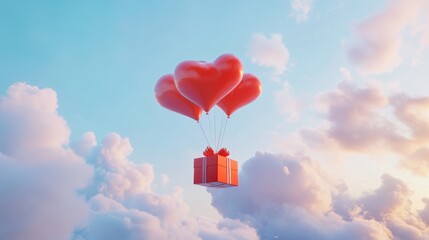 Fototapeta premium A Box flying on a parachute with pink cloud in valentine day,package flying down from sky and cloud with parachute, concept for delivery service,shopping online,air delivery service.