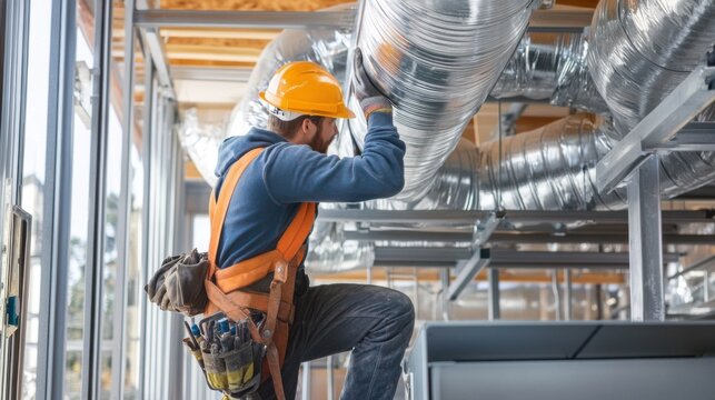 A detailed view of a HVAC technician installing ductwork in a hospital construction project, Hospital HVAC installation scene, Technical and precise style