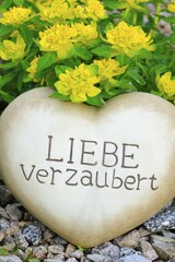 Heart of stone with the inscription Liebe verzaubert, in front of Stained spurge (Euphorbia...