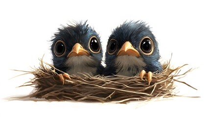 Fototapeta premium A pair of baby birds peeping from their nest, against a white background