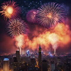 Fototapeta premium Colorful fireworks burst over a sprawling urban landscape, adding festive light to the night city, AI generated