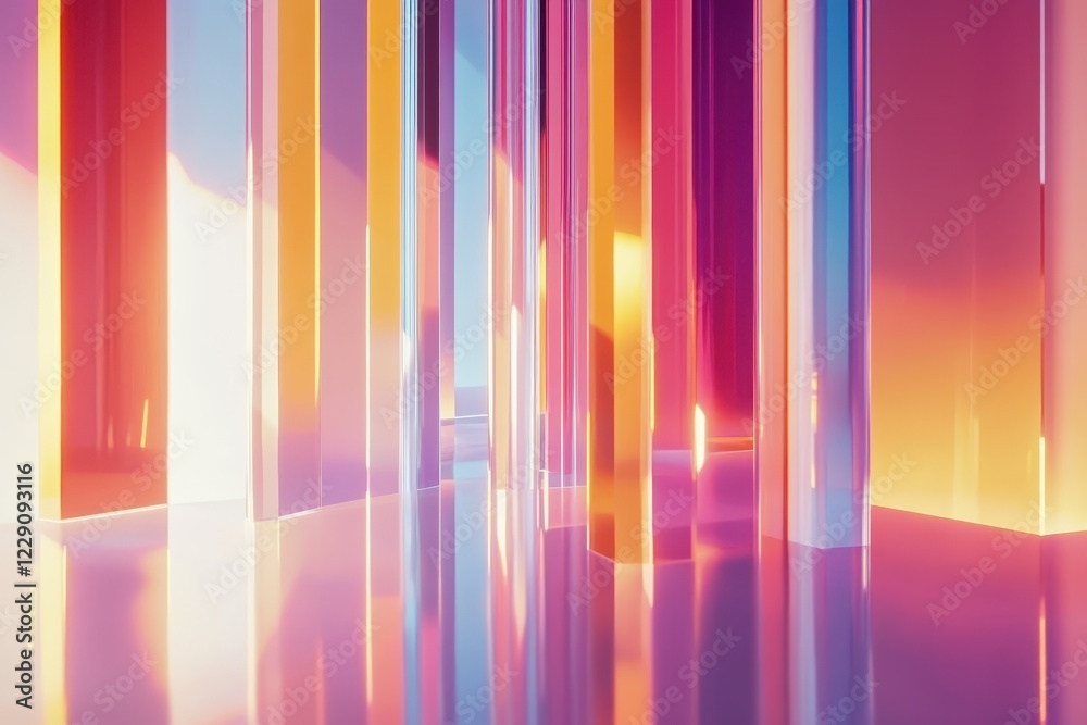 Poster Holographic glossy stripes create a stunning geometric abstract environment illuminated by vibrant colors, Holographic glossy stripes and lines geometric abstract tech motion design