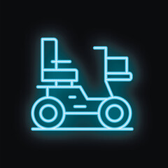 Blue neon sign representing a mobility scooter glowing on a black background