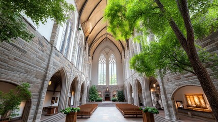 Obraz premium Stone Church Interior with Lush Greenery