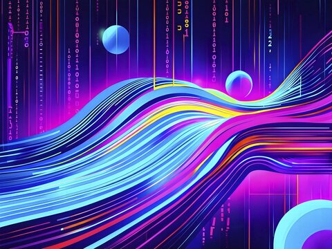 Abstract data stream flowing like liquid light, with sharp lines of code and binary numbers cascading in bright neon colors, AI generated